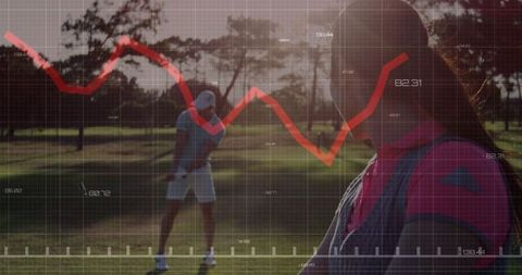 Female Golfer Observing Partner Swing With Financial Graph Overlay