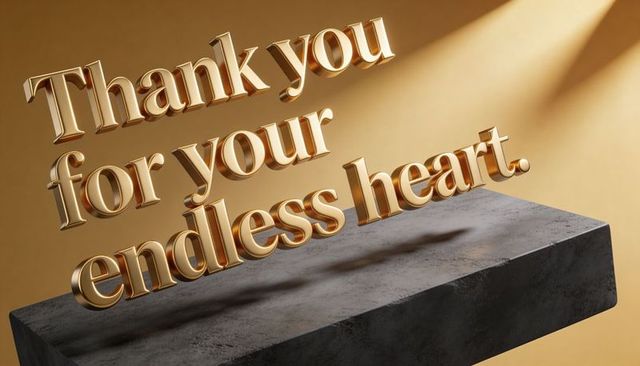 Floating golden 3d thank you for your endless heart lettering hovering above stone plinth