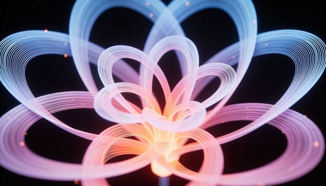Glowing neon ribbon sculpture forming luminous floral loops and radiant core with sparks