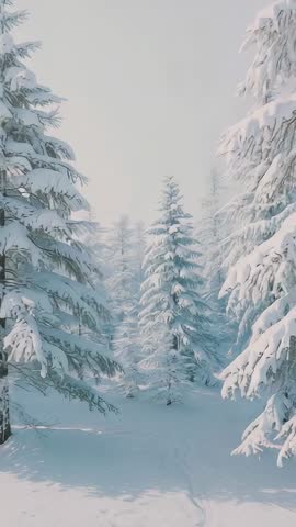 Panning over snowy pine clearing centering frosted pine cluster in winter wilderness