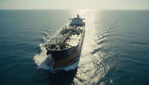 Aerial oil tanker steaming across sunlit open ocean with bulbous bow, deck piping and twin wakes