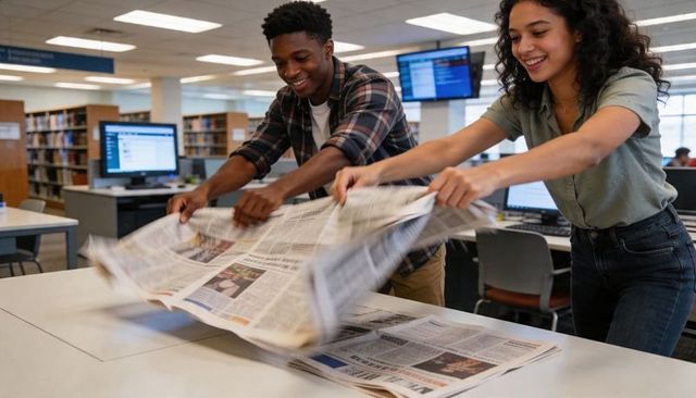 College students spreading newspapers on library table collaborating on research and notes