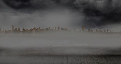 Wooden deck leading toward fog-covered city skyline under stormy sky, moody boardwalk horizon