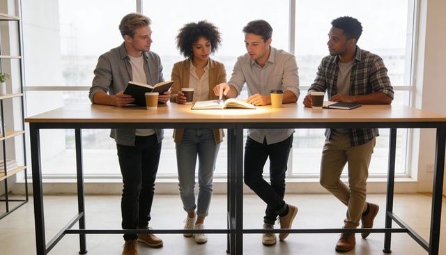 Multiracial team collaborating and pointing at open book around high table in sunlit office