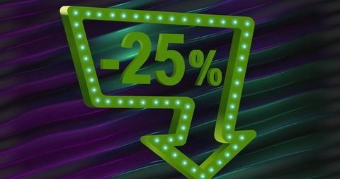 Retro discount icon with green neon lights on vibrant background