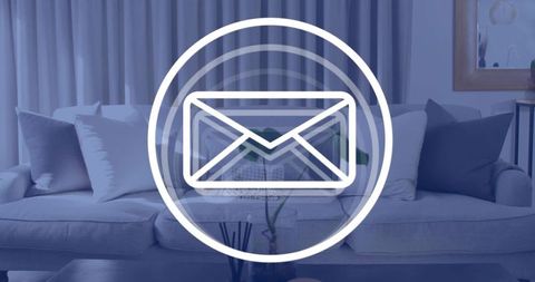 Pulsing mail icon overlay on minimalist living room sofa for mobile notification