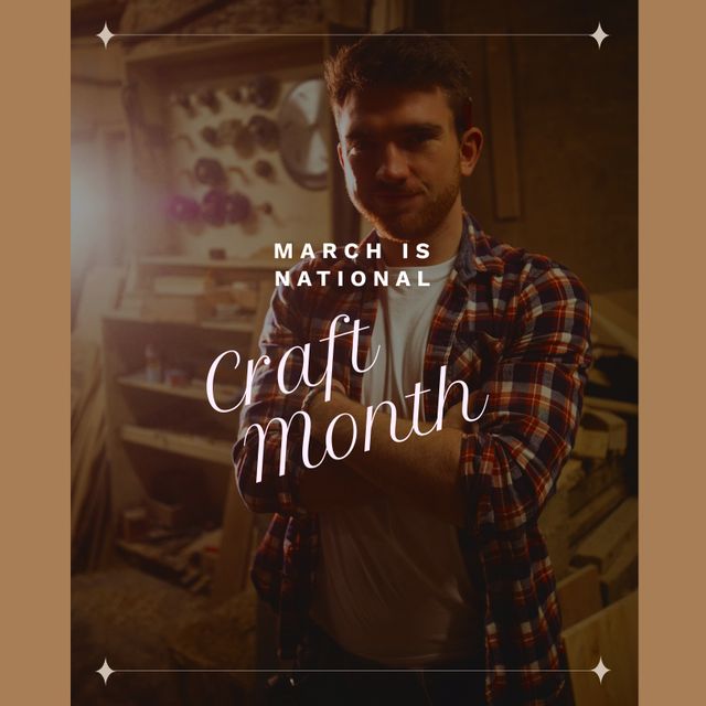 This image features a caucasian man standing confidently in his workshop, highlighting the theme of National Craft Month in March. Ideal for promotions related to crafting events, artisan market advertisements, or DIY projects. Suitable for content about woodworking, handcrafted goods, and creative workshops.