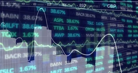 Financial market analytics screen with currency misc. Values and graphics