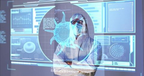 Scientist Analyzing COVID-19 Data on Digital Screen in Lab