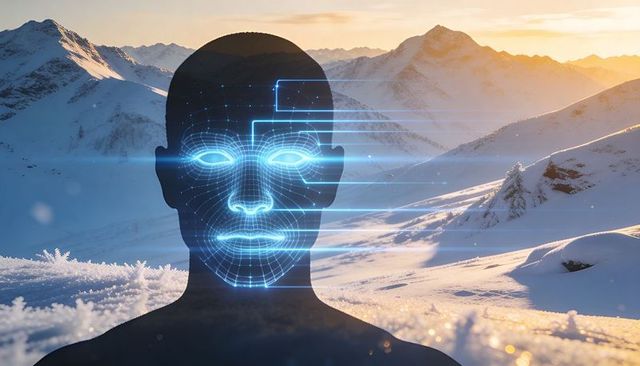 Biometric face scanning silhouette over snowy mountain dawn, futuristic ai mesh overlay