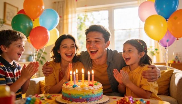 Family celebrating birthday at home with layered rainbow cake, balloons, joyful parents