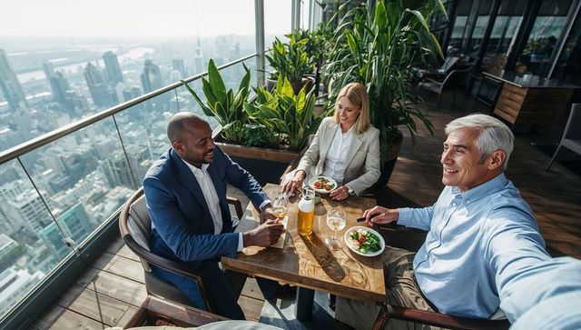 Business colleagues taking selfie on rooftop terrace eating salads with city skyline view