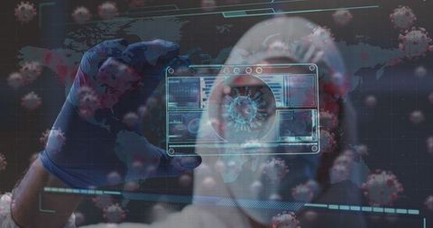 Scientist Analyzing COVID-19 Data with Futuristic Technology Overlay