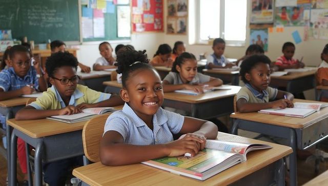 Happy schoolgirl reading textbook in classroom learning environment