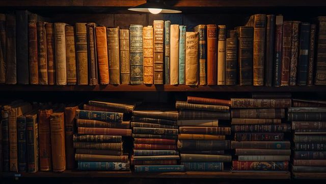 Warm Lit Vintage Bookshelf Holding Aged Leather Tomes and Stacked Hardcovers