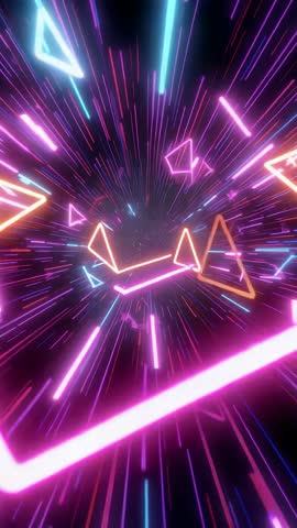 Racing Neon Triangles Propelling Through Futuristic Vertical Light Tunnel With Radial Streaks