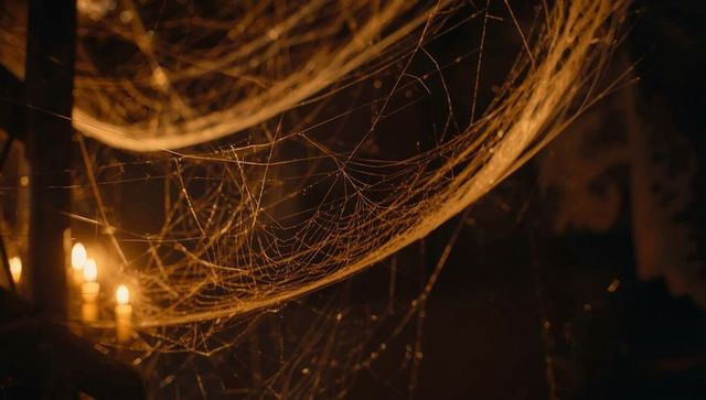 Glistening cobwebs illuminated by candlelight in rustic attic