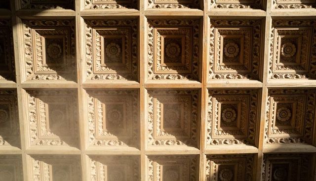 Sunlit ornate coffered ceiling with rosette medallions, plaster moldings and dusty shadows