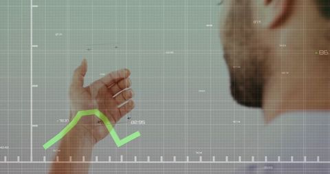 Professional man presenting HUD grid with green line graph for dashboard analytics
