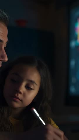 Father Guiding Daughter Tracing Tablet Stylus at Night Intimate Learning Moment Vertical Video