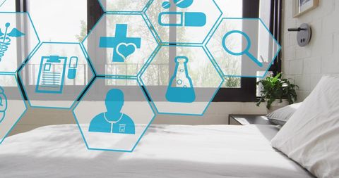 Digital Health Icons Overlay on Hospital Bed - Download Free Stock Images Pikwizard.com