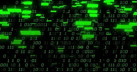 Streaming Neon Green Binary Data with Glitch Bars and Flowing Code for Cybersecurity