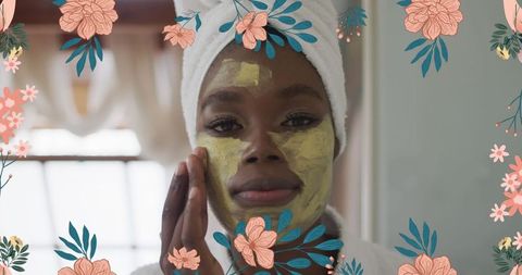 Woman Applying Skincare Cream with Floral Overlay