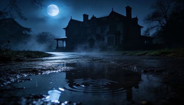 Moonlit victorian manor looming over rain-soaked driveway with rippling puddle reflection