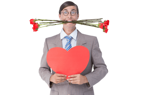 Geeky Businessman Holding Heart with Roses in Mouth, Transparent Background