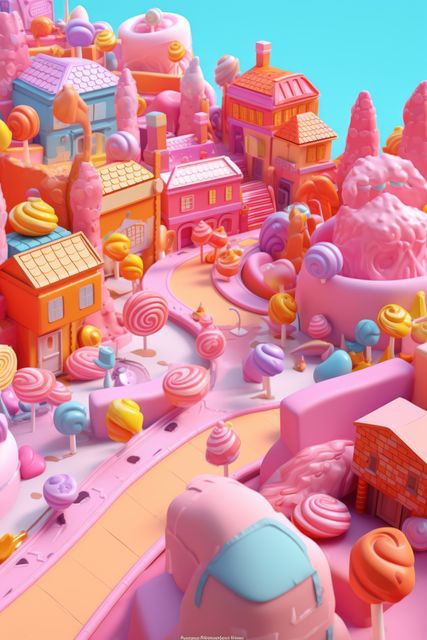 Candy-themed town in vibrant pastel colors with lollipop trees and whimsical houses. Perfect for design projects, children's book illustrations, fantasy themes, birthday party invitations, and creative advertising campaigns targeting kids.