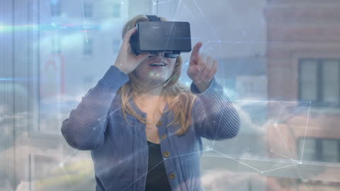 Woman Immersed in Virtual Reality Experience with Data Overlay