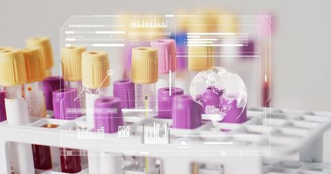 Digital Data Overlay on Blood Test Tubes in Biotech Laboratory