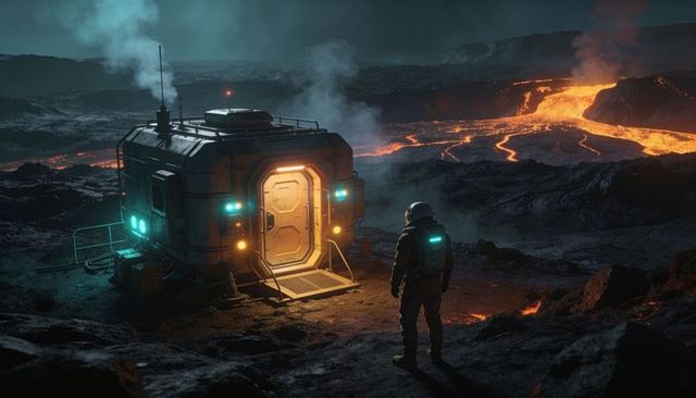 Astronaut approaching habitat module on volcanic plain with flowing lava at night remote outpost