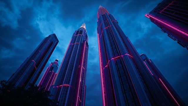 Futuristic Skyscrapers with Neon Pink LED Lighting