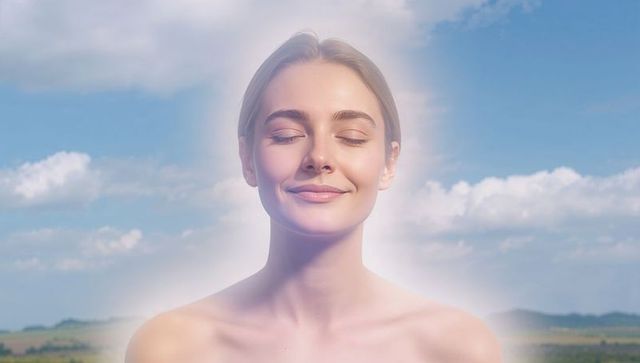 Serene woman basking in soft sunlight with halo glow, outdoor wellness and beauty portrait