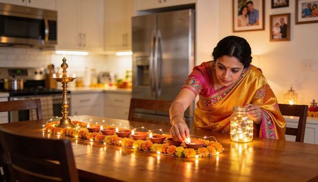 Indian woman lighting diyas on dining table with marigold garlands for diwali