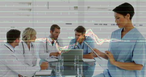 Healthcare Professionals Analyzing Digital Data with Graph Overlays