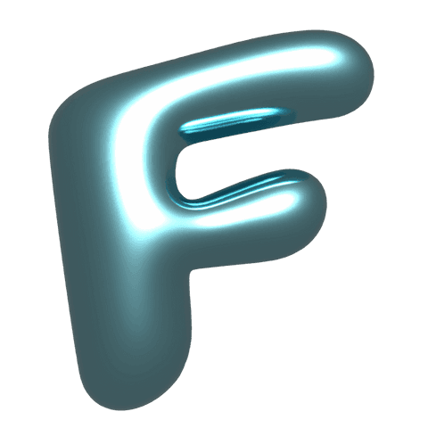 Transparent background 3d glossy letter f balloon in teal chrome finish for branding