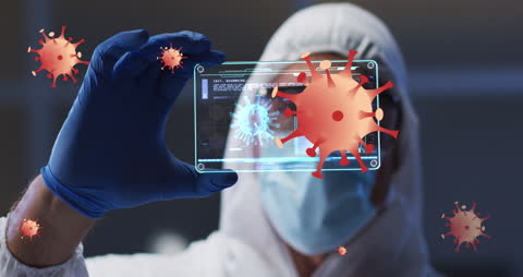 Lab Worker Analyzing COVID-19 Virus Holographically
