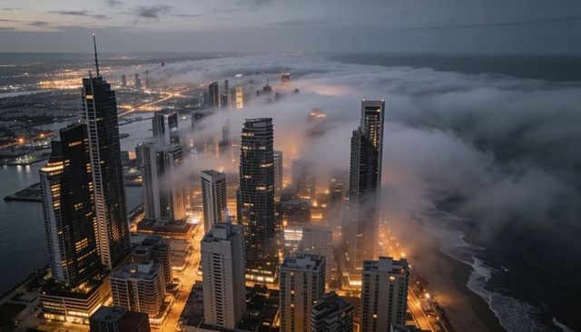 Fog-blanketed coastal skyline at dusk with glowing high-rise windows and oceanfront lights