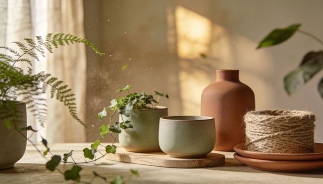 Sunlit minimalist tabletop with matte ceramic planters, trailing ivy, terracotta vase