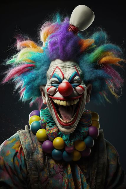 Imposing clown is featured with vibrant, multi-colored hair and an elaborate makeup on a dark background. Clothing includes colorful beads and traditional clown attire. Use for projects relating to circus themes, entertainment industry, Halloween, and festive celebrations. It can evoke various emotions from joy and humor to eeriness, useful for contrasting themes in marketing materials and advertisements.