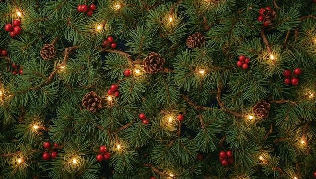 Festive pine garland glowing with warm lights, red berries and pine cones background