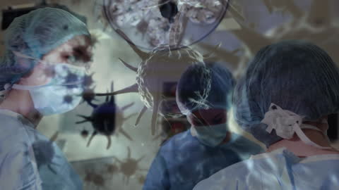 Team of Surgeons in Operating Room with COVID-19 Cell Overlay