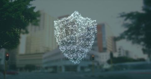 Digital Security Shield Over Urban Cityscape
