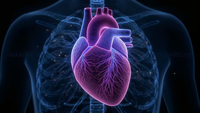 Glowing Neon Heart Highlighting Coronary Vessels Within Transparent Thorax Anatomy