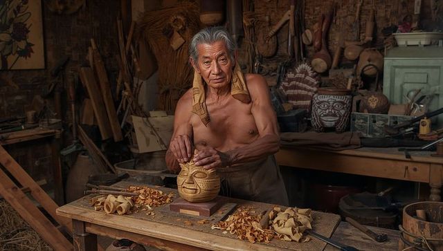 Senior asian craftsman carving traditional wooden mask in rustic workshop with chisels