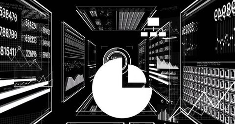 Vertical video showing incoming data feed with pie chart and floating futuristic dashboard