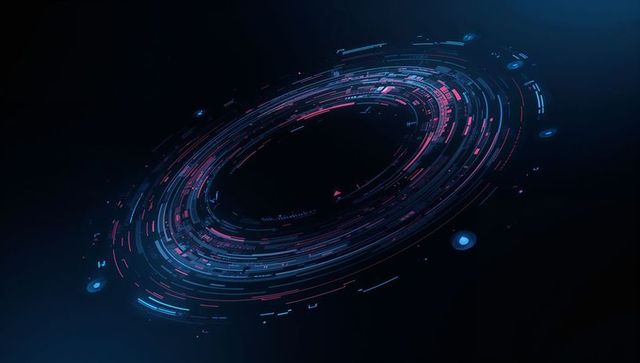 Rotating neon hud ring displaying concentric holographic arcs and glowing data nodes