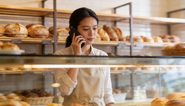 Asian Baker Talking on Phone Behind Glass Counter in Artisan Bakery with Fresh Bread